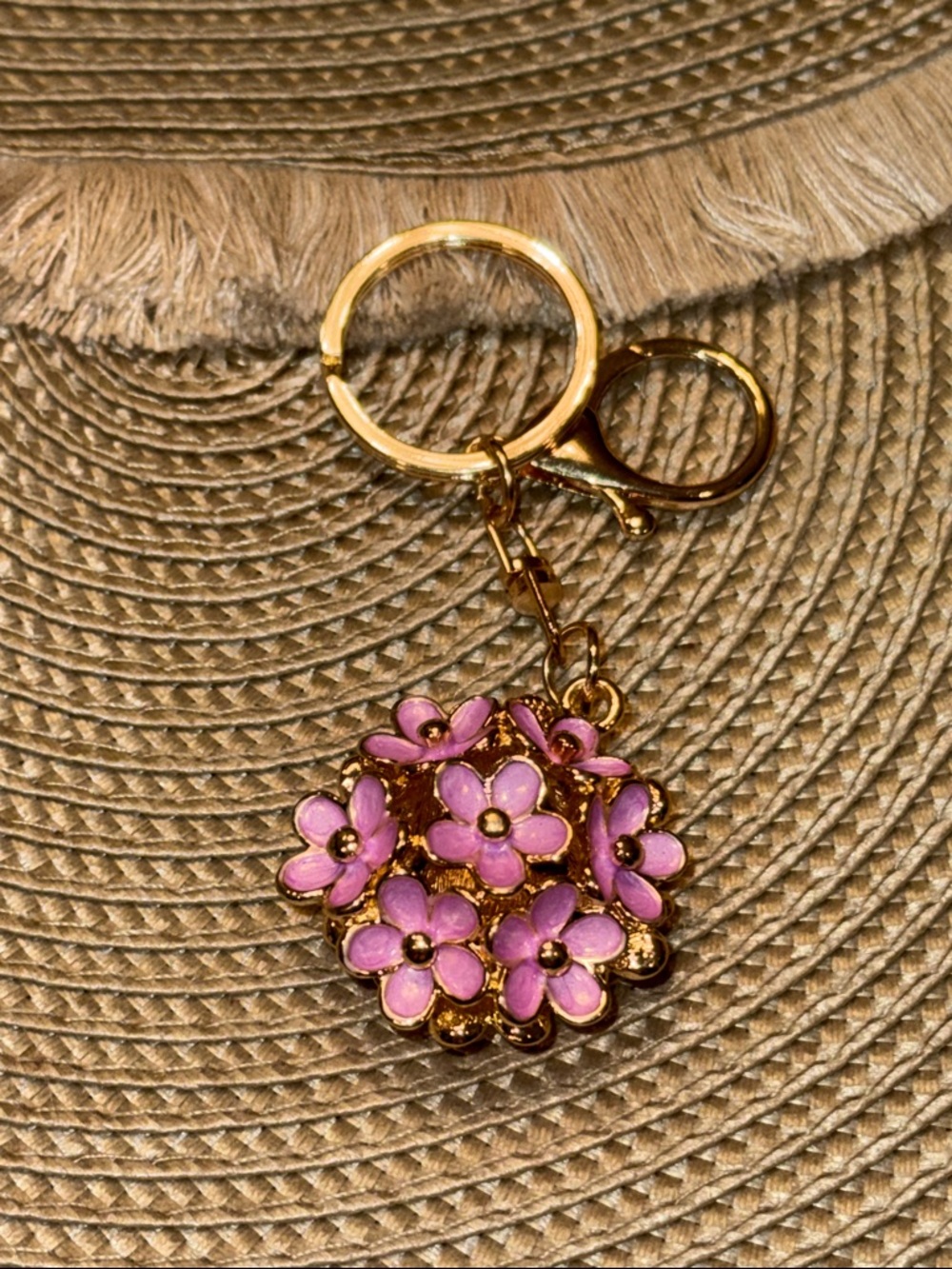 Pink Floral Enamel Keychain Charm - Gold Hardware - Picture 2 of 3